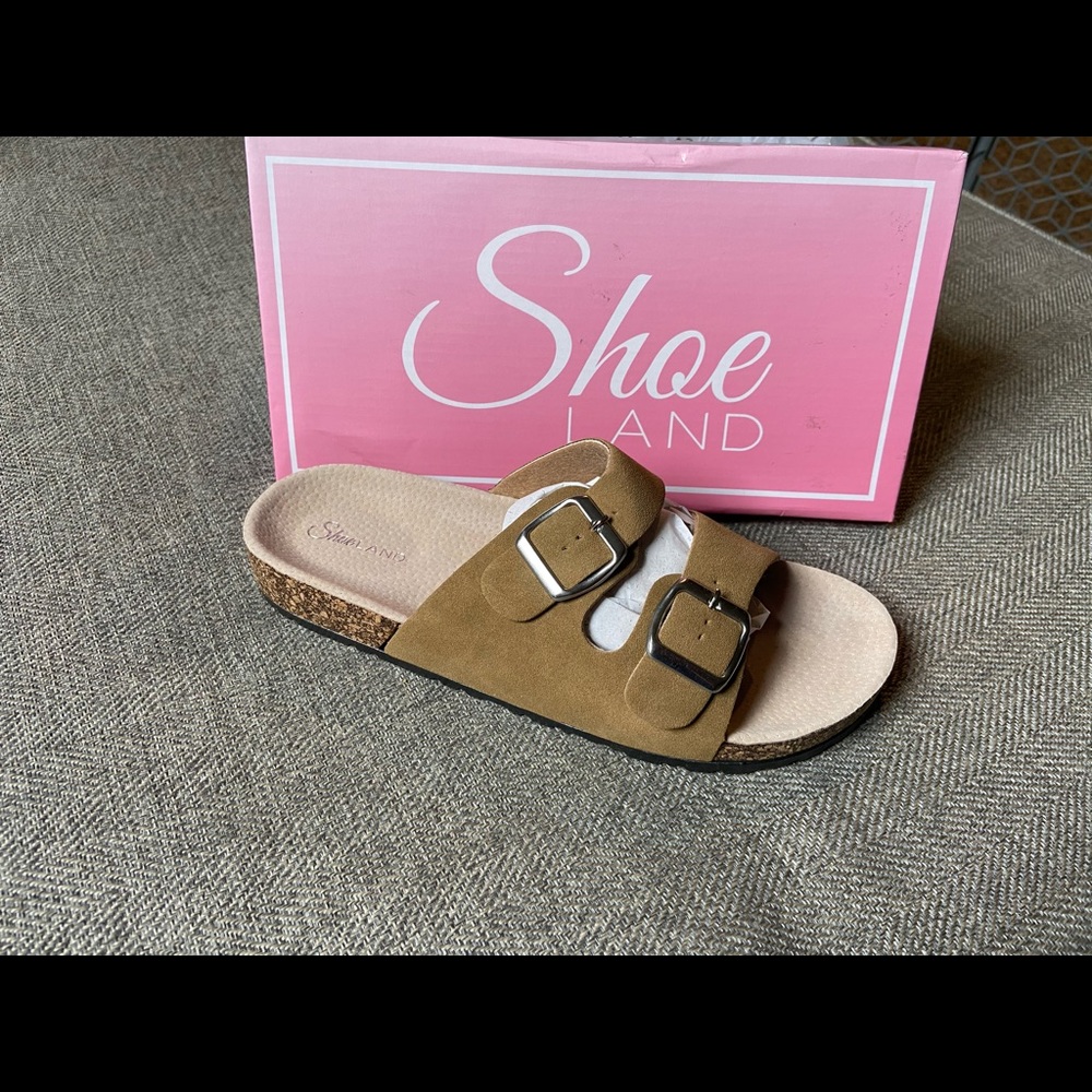 NEW SOFTEY-OPEN TOE BUCKLED CORK SLIDE SANDALS